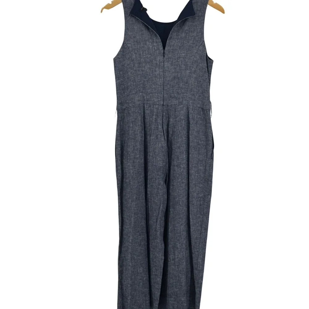Banana Republic Women‎ Blue Linen Blend Wide Leg Sleeveless Jumpsuit Petite 4P